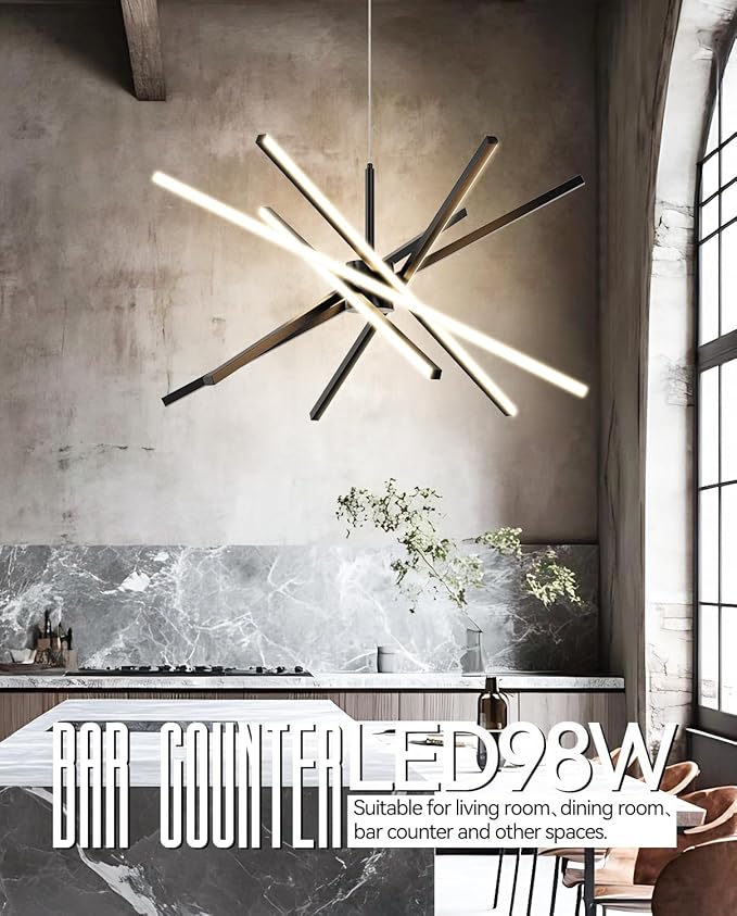 Modern Sputnik Chandelier Ceiling LED Black Pendant Light Embedded Mount Chandeliers Dining Room Light Fixtures Over Table Dimmable with Remote Control for Living Room Kitchen Bedroom (6-Light Black)