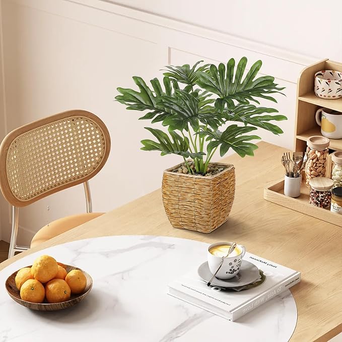 Briful Fake Plants Potted Monstera Artificial Plants Indoor Realistic Greenery Faux Plants in Square Plastic Rattan Baskets for Home Decor Farmhouse Office Weddings