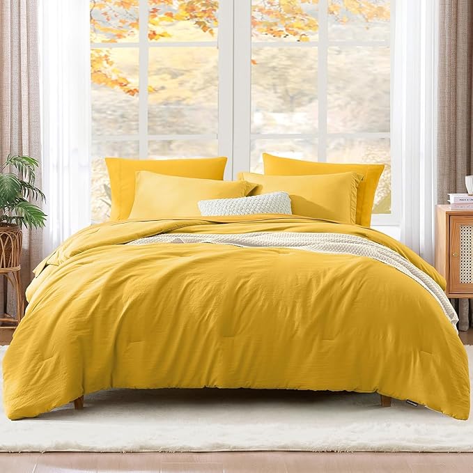 WRENSONGE King Size Comforter Set- 7 Pieces Soft Yellow Bed in a Bag with Fitted Sheet, Flat Sheet 2 Pillow Shams, and 2 Pillowcases- King Bedding Set for All Season