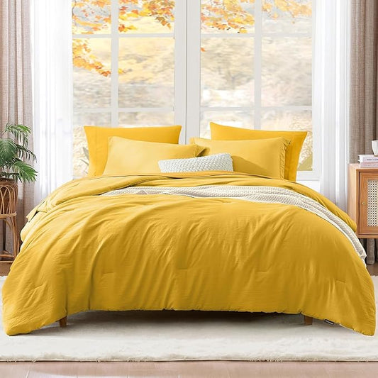 WRENSONGE King Size Comforter Set- 7 Pieces Soft Yellow Bed in a Bag with Fitted Sheet, Flat Sheet 2 Pillow Shams, and 2 Pillowcases- King Bedding Set for All Season