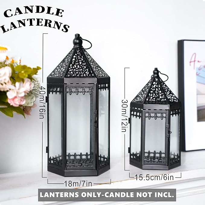 TRIROCKS Set of 2 Deacorative Candle Lantern 16'' & 12'' High Metal Candle Holder Hanging Lanterns with Tempered Glass Perfect for Indoor Outdoor Home Decor Parties Garden Events Wedding (Black)