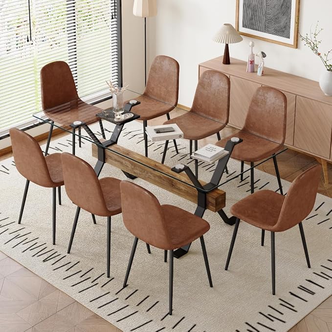 9 Piece Glass Dining Table Set, Kitchen Table Chairs Set for 8, 71'' Dining Table with 0.4" Tempered Glass Tabletop with Plated Metal Legs and MDF Crossbar, 8 Suede Chairs for Dining Room, Kitchen.