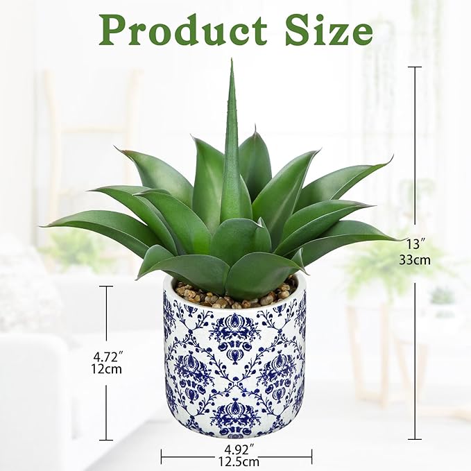 Briful Agave Plants Artificial Succulents Fake Plant in Blue Vase, 13'' Tall Realistic Faux Plant Indoor for Home Decor Farmhouse Centerpiece Table Kitchen