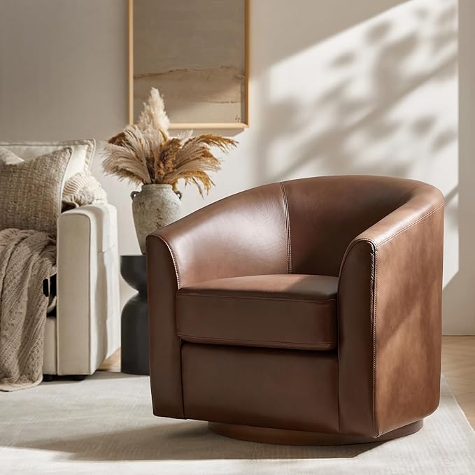 HULALA HOME Genuine Leather Swivel Accent Chair with Solid Wood Base, Round Swivel Barrel Chair for Living Room and Bedroom, Brown