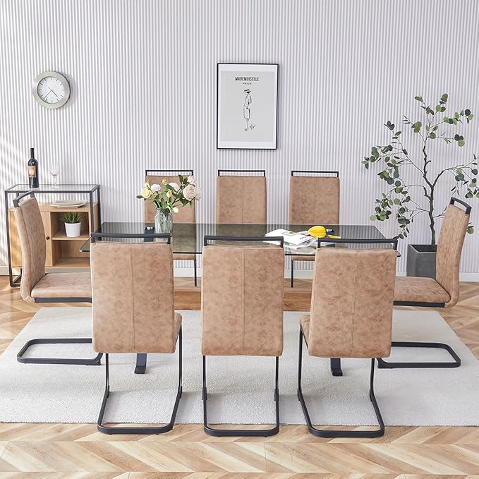 9 Piece Glass Dining Table Set, Kitchen Table Chairs Set for 8, 71'' Dining Table with 0.4" Tempered Glass Tabletop with Plated Metal Legs and MDF Crossbar, 8 PU Chairs for Dining Room, Kitchen.