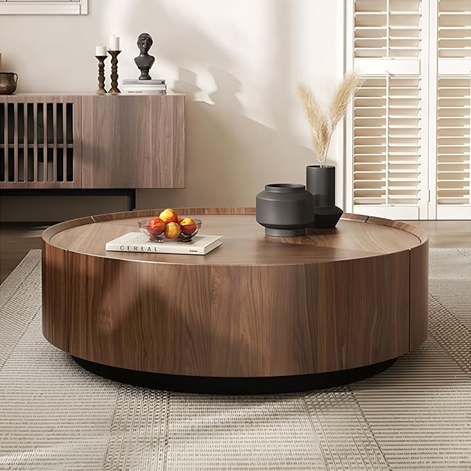 35.4'' Modern Round Coffee Table for Living Room, Fully Assembled Solid Wood Drum Center Table with Hidden Drawers Pefect for Small Space,Apartment No Assembly Elegant Walnut Finish