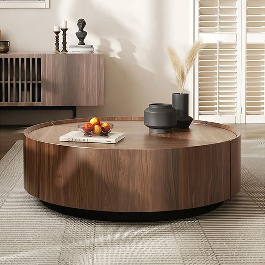 35.4'' Modern Round Coffee Table for Living Room, Fully Assembled Solid Wood Drum Center Table with Hidden Drawers Pefect for Small Space,Apartment No Assembly Elegant Walnut Finish