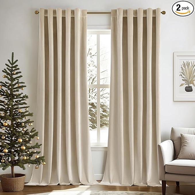 MIULEE Velvet Curtains 90 inches - Luxury Blackout Curtains for Bedroom Living Room Thermal Insulated Super Soft Window Drapes Rod Pocket & Back Tab, Beige, W52 x L90 inches, 2 Panels