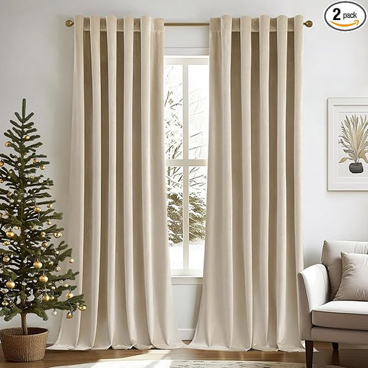 MIULEE Velvet Curtains 108 inches - Luxury Blackout Curtains for Bedroom Living Room Thermal Insulated Super Soft Window Drapes Rod Pocket & Back Tab, Beige, W52 x L108 inches, 2 Panels