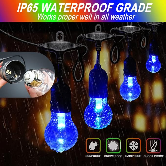 96FT Solar Outdoor String Lights, 30 Shatterproof Edison Bulbs, Dimmable Color Changing RGB LED Patio Lights with 2 Remote Controllers. Perfect for Backyard Decorative Lighting
