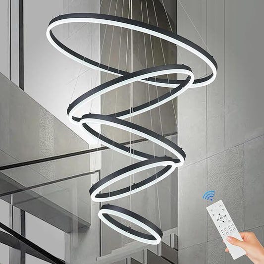 5-Rings D31.5’’ Modern LED Chandelier Black Dimmable High Ceiling Chandeliers Foyer with Remote Control for Entryway Living Room Dining Room Staircase, 3000K-6500K