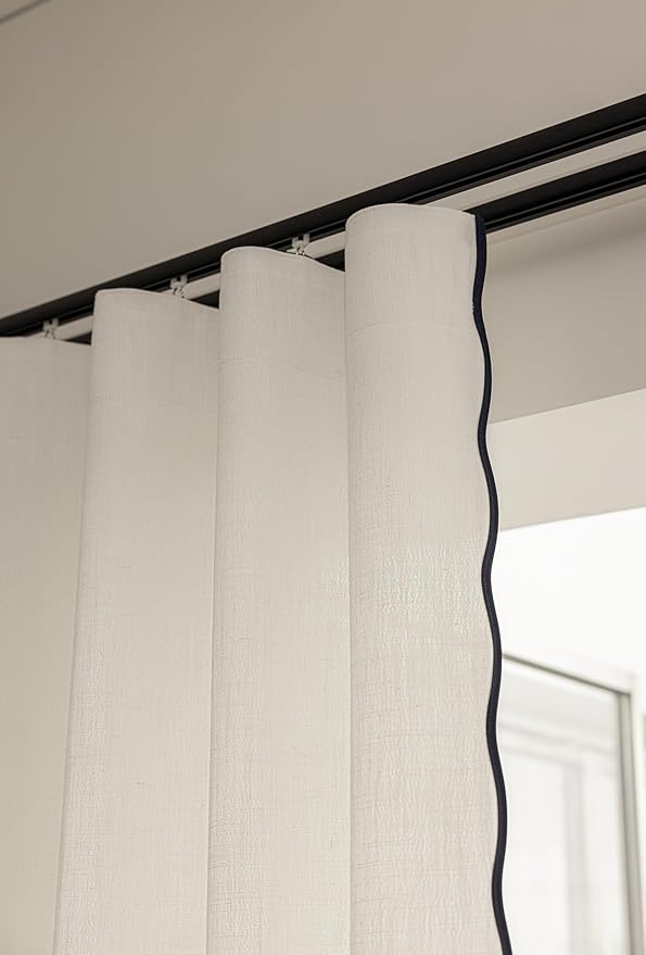 Linen Blend Scalloped/Wavy Trim, Ripple Fold Curtains for Living Room, Bedroom, Home Office, Kids Room & Dining - Light Filtering Curtains - Set of 2 - Navy, (50" W x 96" L)