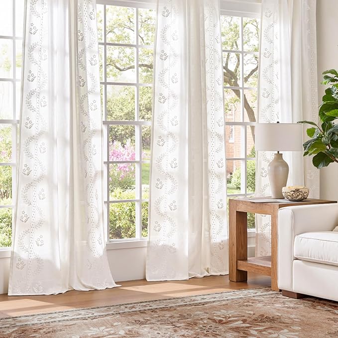 jinchan Belrose Linen Curtains for Bedroom Floral Curtains 96 Inch Length Linen Blend White Embroidered Drapes Farmhouse Flower Patterned Drapes for Living Room Window Treatments Set 2 Panels