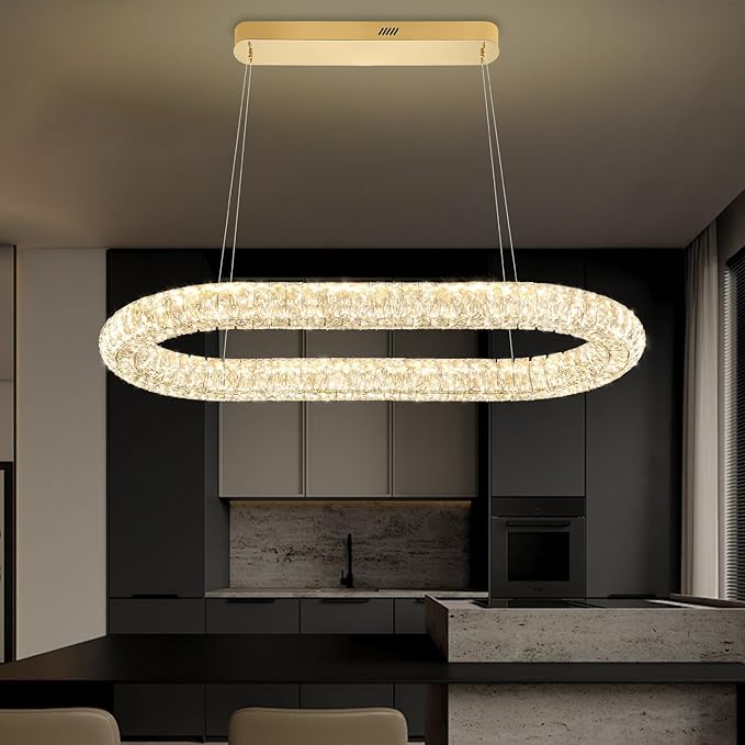 Oval Crystal Chandelier, 40'' Gold Crystal Ring Pendant Light for Kitchen Island Modern Linear Oval Chandeliers for Dining Room Dimmable 3000K-6000K