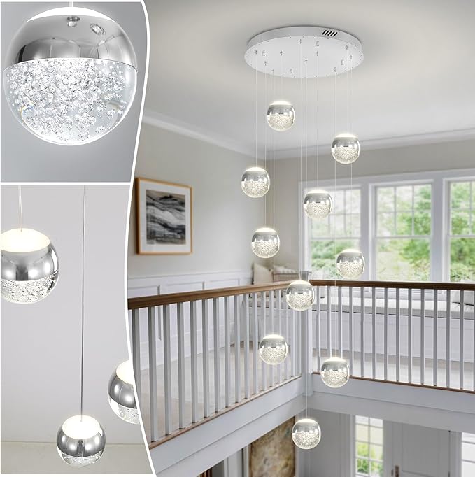 LED Staircase Chandelier Crystal Globe Pendant Light Large Chandeliers for High Ceiling,10-Lights Hanging Flush Mount Lighting Fixtures for Foyer,Entryway,Living Room