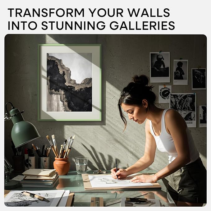 Homeforia 14x17 Picture Frame Sage Green, High End Metal 14x17 Poster Frames with Mat 11x14 inch Photo, 14 x 17 Sage Green Frame Matted to 11 by 14 Art, 17x14 Frame, Tempered Glass, Wall Kit, Set of 1