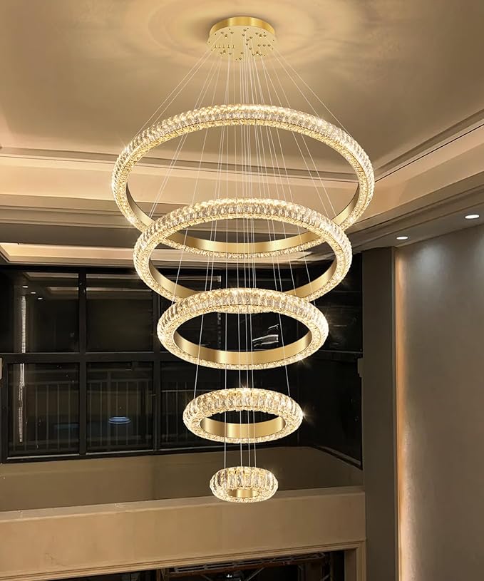 5 Ring Large Crystal Chandelier Modern LED Dimmable High Ceiling Chandelier Ring Contemporary Pendant Light Fixture for Living Room Foyer Staircase Gold D40''