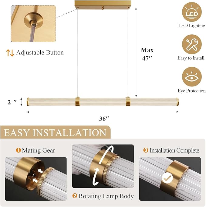 Modern Linear Chandelier Gold Linear Pendant Light Fixture, LED Dimmable Island Chandelier for Kitchen Island, Dining Room, and Living Room, Easy to Install.