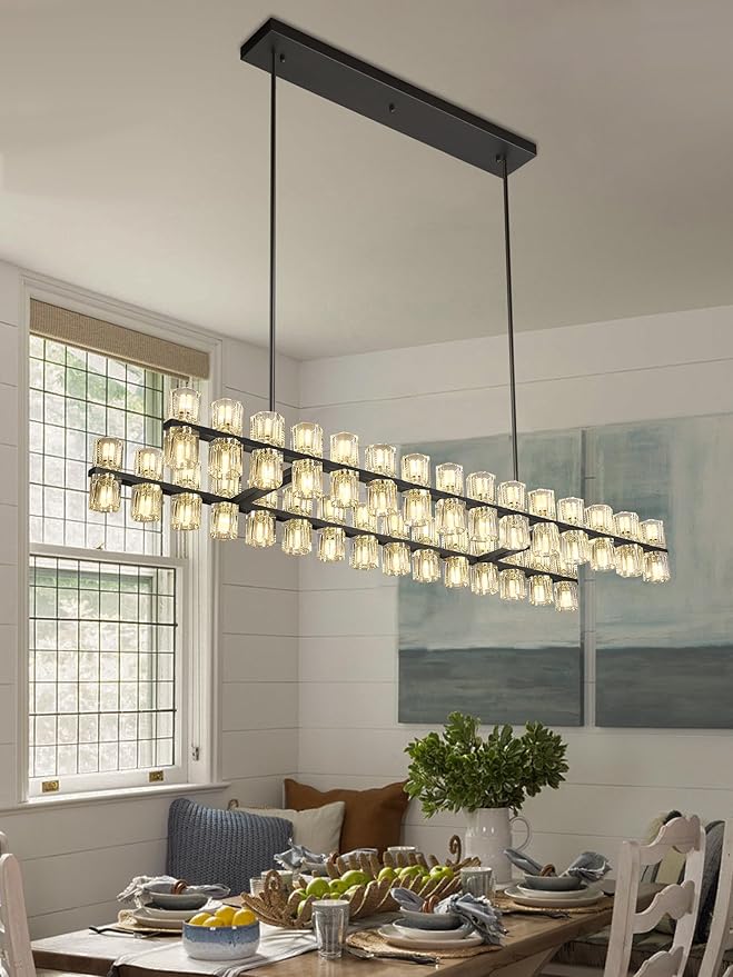 Black Rectangular Crystal Chandelier Light Fixture 53.4 in Dining Room Chandelier Over Table Modern Farmhouse Ceiling Pendant Hanging Light Fixture for Living Room, Kitchen Island (Bulb not Included)