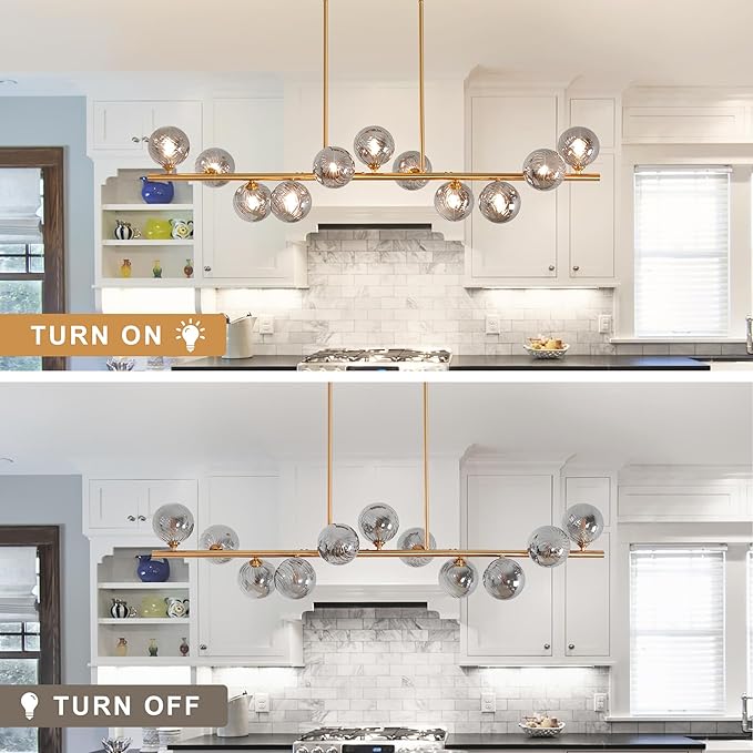 Dining Room Light Fixture, 55inch Modern Chandeliers for Dining room,11 Lights Gold Linear Chandelier with Gray Globe Glass Brass Sputnik Chandeliers over Table Large Pendant island Lights for Kitchen
