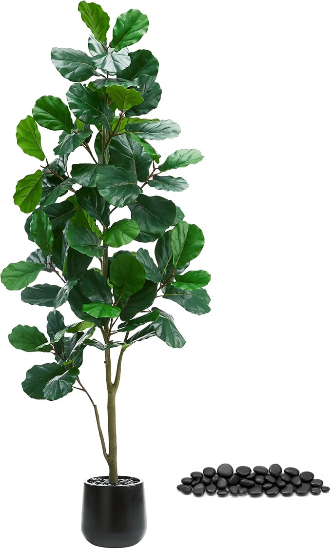 Artificial Fiddle Leaf Fig Tree：6FT Tall Faux Ficus Lyrata Plant Fake Fig Trees Realistic Green Silk Large Leaves with Natural Trunks & Pebbles in Black Planter for Indoor Outdoor Office Home.