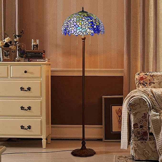 Floor Lamp, Tiffany Style Stained Glass Purple Wisteria Hanging Lamp with Handmade Lampshade, Suitable for Decorating Room (Purple, 16in)