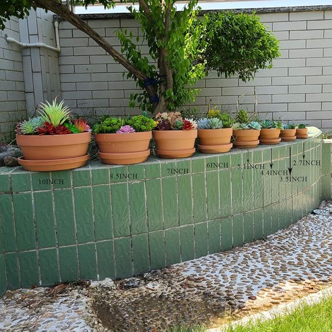 Yishang 4.4 Inch Shallow Terracotta pots with Saucer/Tray,Ceramic Clay Cactus/succlent Container with Drain Hole,Small unglazed Planter for Indoor/Outdoor Plants, Crafts