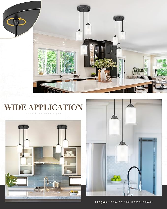 TENGXIN Modern Pendant Light, Matte Black, Dual Glass Shade, Farmhouse Style for Kitchen Island, Dining Room, Bedroom