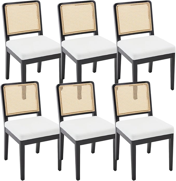 LukeAlon Farmhouse Rattan Dining Chairs Set of 6, Mid Century Modern Linen Kitchen & Dining Chairs with Solid Wood Legs, Woven Cane Upholstered Kitchen Chairs Side Chairs for Dining Room, Beige