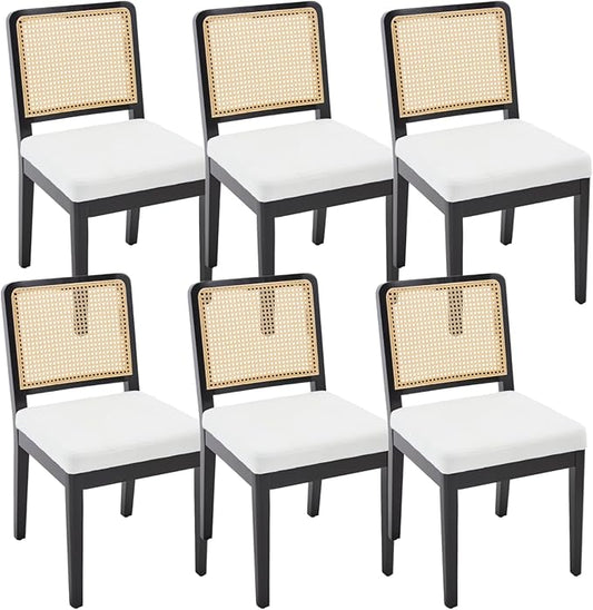 LukeAlon Farmhouse Rattan Dining Chairs Set of 6, Mid Century Modern Linen Kitchen & Dining Chairs with Solid Wood Legs, Woven Cane Upholstered Kitchen Chairs Side Chairs for Dining Room, Beige