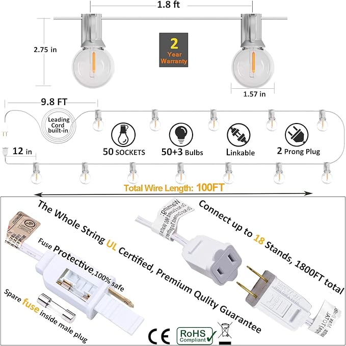 Outdoor String Lights Waterproof Patio LED 100FT G40 Globe String Lights with 53 Shatterproof Clear Bulbs(3 Extra) for Indoor/Outdoor Wedding Pergola Gazebo White String Lights