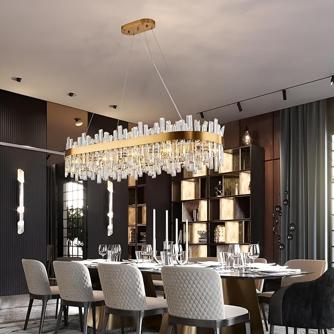 Rectangle Crystal Chandeliers, L43.4 inch 20-Light Brass Gold Chandelier Lighting Fixture, Height Adjustable Oval Pendant Ceiling Light for Dining Room Over Table Kitchen Island