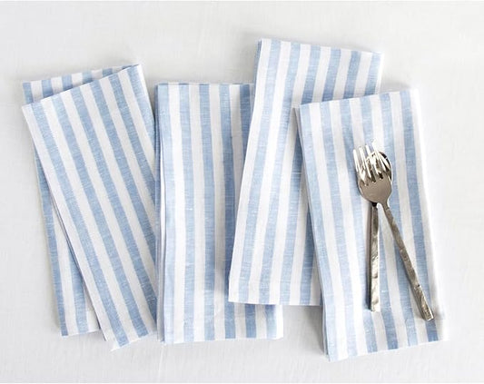 Solino Home Linen Napkins Set of 4-100% Pure Linen Amalfi Stripe Sky Blue and White Cloth Dinner Napkins 20 x 20 Inch - Handcrafted and Machine Washable - Christmas, Holiday