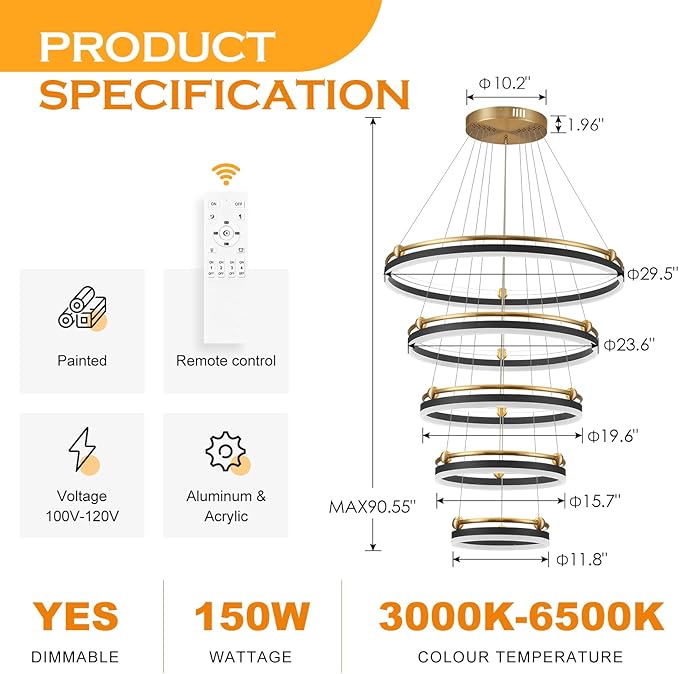 5-Rings Modern LED Chandelier Black Gold Dimmable Large High Ceiling Chandeliers Foyer, Remote Pendant Lighting for Foyer Entryway Dining Room Living Room Staircase(10-Ring Lighting, D29.5)
