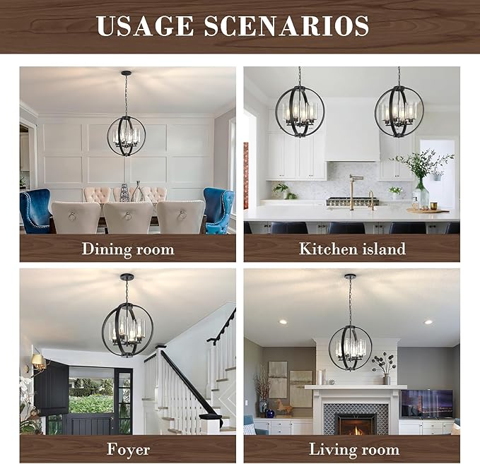 4-Light Black Chandelier Light Fixture, 18in Farmhouse Dining Room Chandeliers with Glass Shade Globe Lighting Fixtures Modern Pendant Lamp for Kitchen Island Entrance Foyer Living Room