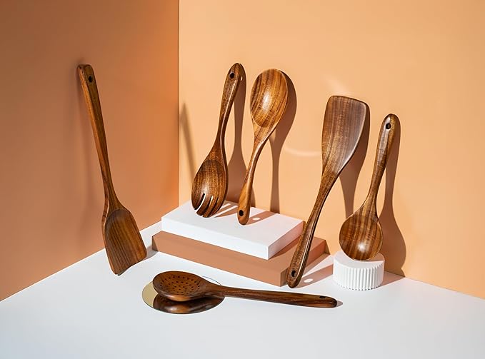 New Kitchen 6 Piece Wooden Spoons for Cooking - Smooth Finish Teak Kitchen Utensils Set - Non-Stick Wooden Spatula Perfect Kitchen Essential and Gift - Long Wooden Spoon Sets