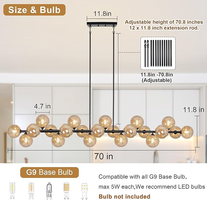 Modern Linear Chandelier 22-Lights Linear Sputnik Chandelier with Amber Striped Glass Shade 70 Inch Long Chandeliers for Dining Room, Living Room, Kitchen Island, Farmhouse
