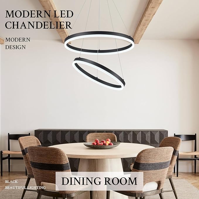 Modern LED Chandelier Black 2-Rings Pendant Light Circular Flush Mount Ceiling Chandelier Lighting with Remote Control for Bedroom Living Room Dining Room Entrance, 3000K-6500K