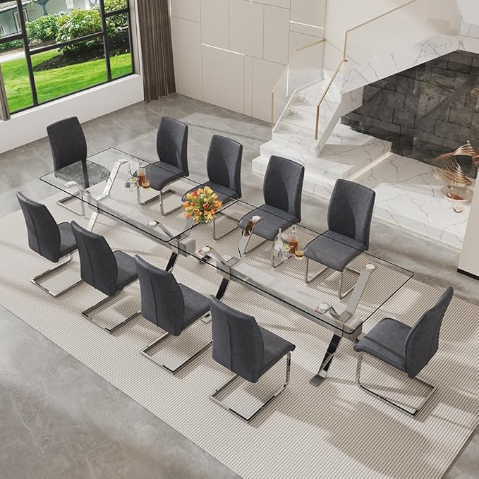 71'' Glass Dining Table Set for 8,9 Piece Dining Table Set with Tempered Glass Tabletop and Open‑Frame X‑Shaped Metal Base,Kitchen Table and Chairs Ideal for Dining Room&Home Office