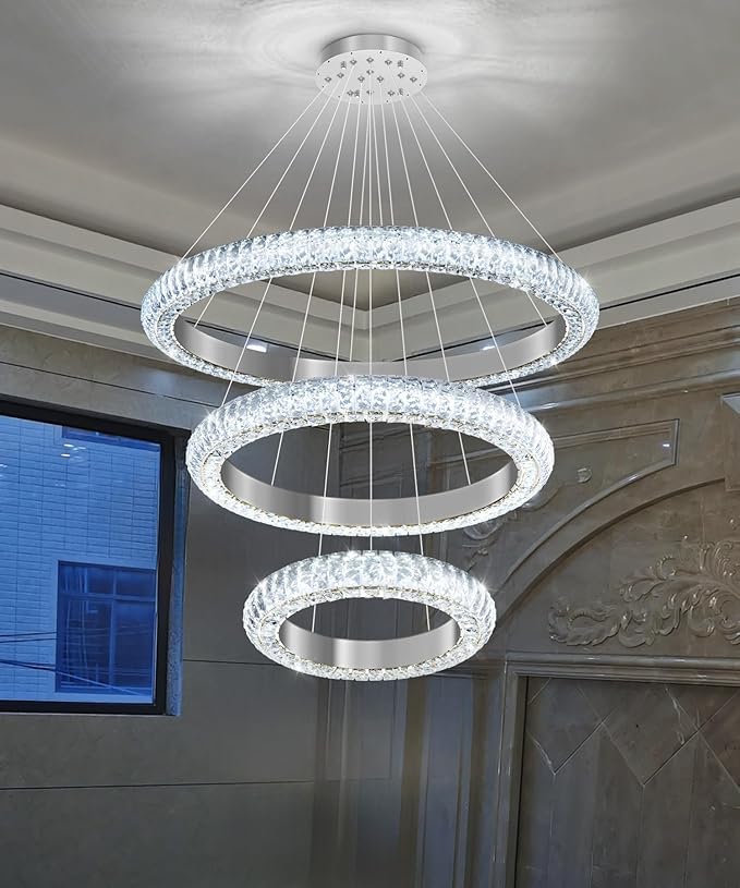 31.5" 3 Ring Crystal Chandelier Modern LED Dimmable Ring Pendant Light Round Chandelier for Dining Room Living Room Silver