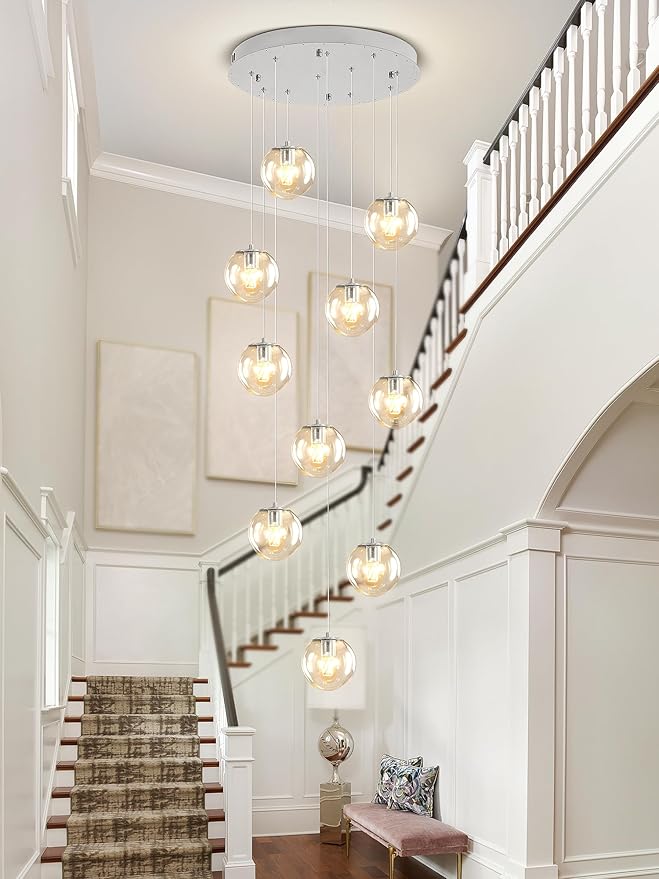 H118 Staircase Chandelier for Entryway Modern Globe Chandelier 12-Lights Glass Globe Pendant Light Large Chandeliers for High Ceiling Foyer Stairwell