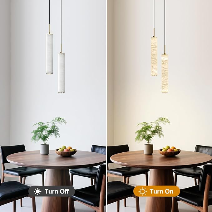 LMQNINE Natural Alabaster Pendant Lights for Kitchen Island White Marble Long Tube Chandelier Modern Gold Ceiling Light Fixtures for Bedroom Dining Room Table Living Room Hallway(M-2Light)