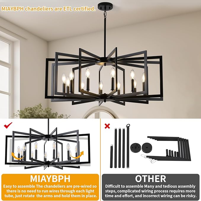 Black Chandelier for Dining Room, 12-Light Kitchen Chandelier Light Fixture Modern Metal Industrial Large Chandeliers for Farmhouse Entryway Living Room (E12 Bulbs Not Included)