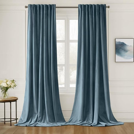 MIULEE Stone Blue Velvet Curtains 96 inches Long 2 Panels - Luxury Pinch Pleated Room Darkening Window Drapes for Bedroom Living Room Thermal Insulated Super Soft, Back Tab Rod Pocket Light Blue