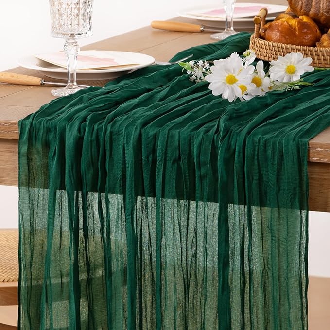 MLMC 3 Pack Emerald Green Cheesecloth Table Runner Boho Dark Green Cheese Cloth Table Runner 10ft Sheer Gauze Fall Cheesecloth Decorations for Wedding Home Party Decor