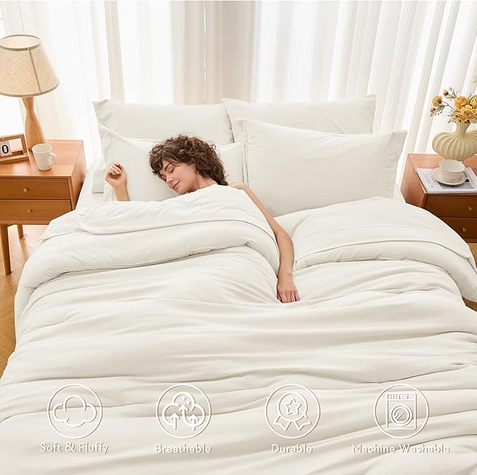 MUXHOMO 7 Pieces King Comforter Set, Soft Bed in a Bag King Size, All Season Bedding Set with Comforter, Flat Sheet, Fitted Sheet, Pillowcases & Shams, Ivory