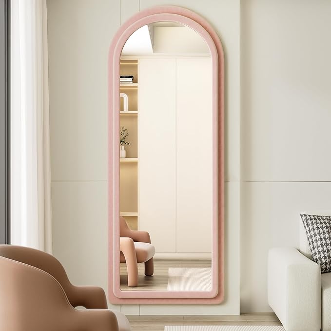 Floor Mirror, Full Length Mirror with Stand, 63"x24" Freestanding Arched Mirror Full Length Hanging or Leaning, Wall Mounted Mirrors with Flannel Frame, Large Mirrors for Bedroom (Pink)