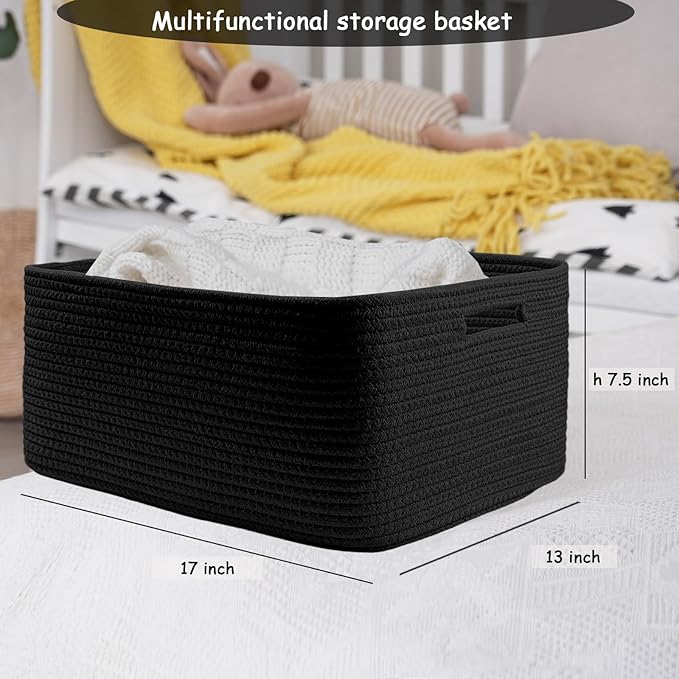 COMFY-HOMI 3 pcs Large Storage Baskets for Shelves, Laundry Basket, Woven Rope Basket, Closet Organizer Bins for Clothes Blanket Towels, Baby Nursery, Gift Toy Baskets, 17” x 13” x 7.5”-black