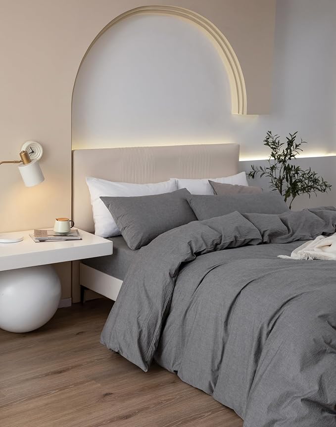 JIYUAN 100% Washed Cotton Duvet Cover Set 2 Pieces Twin, 1 Duvet Cover 68x90 Inches (Comforter Not Included) and 1 Pillowcases,Linen Feel Bedding Set Comfy and Breathable, Heathered Dark Grey