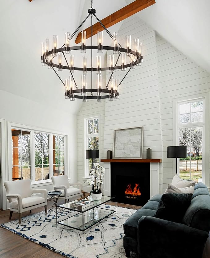 60" Black Chandelier, 2 Tier Wagon Wheel Chandelier with Glass Shade, 30-Lights Large Round Modern Farmhouse High Ceilings Pendant Lighting Fixture for Dining Room, Living Room, Kitchen, Foyer